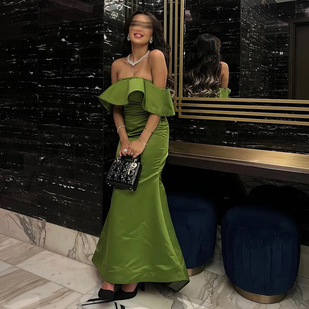 

Simple Green Trumpet Sexy Prom Dress Off The Shoulder SLeeveless Party Evening Gown Ankle Length Sheath Formal Cocktail Dresses