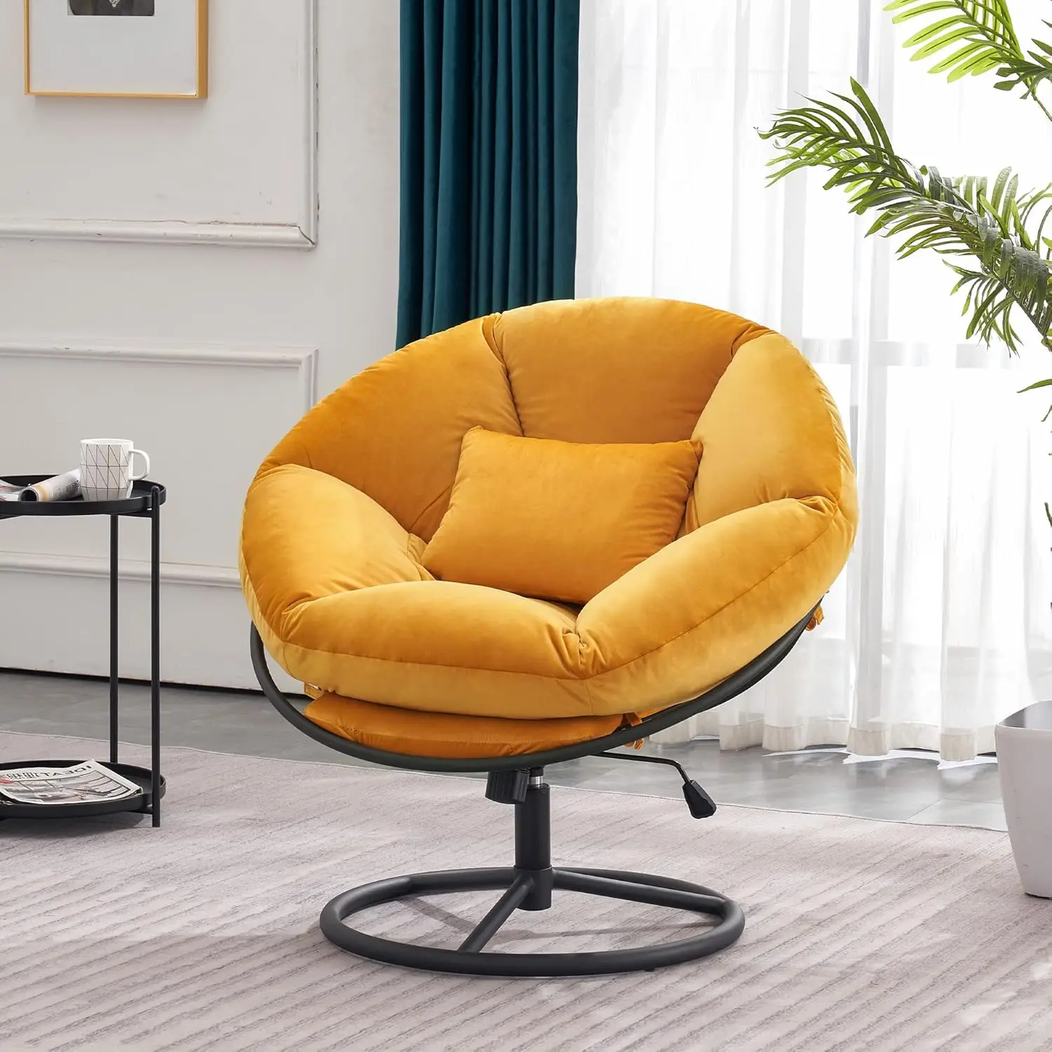 Swivel Papasan Chairs, Velvet Armless Chair with Height Adjustment, Rocking Saucer Chair for Living Room Bedroom HQ405 (Yellow)