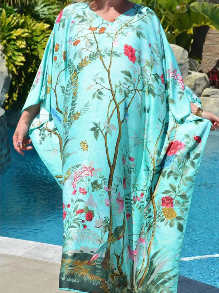 

Beach Kaftans for Women Green Printed Maxi Dresses Summer Seaside Swimsuit Cover Ups Bathing Suits Bohemian Beachwear