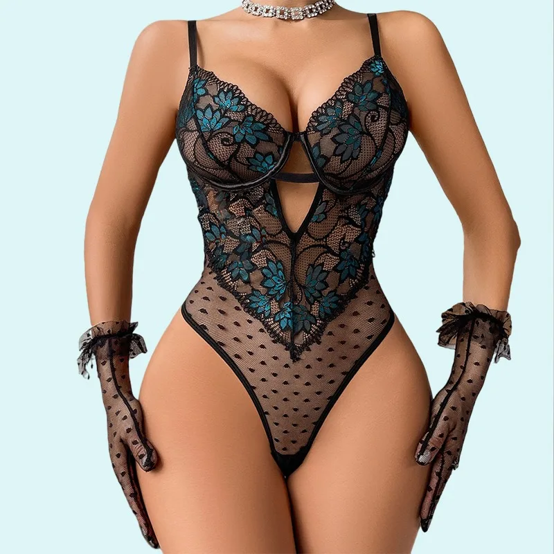 Toucheart Erotic Bodysuit Flower Embroidery Splicing Polka Dot Mesh Stee lring Gathered Sexy See-through Suspender Jumpsuit Suit