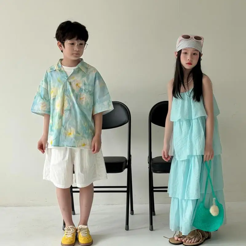 2026 Summer New Brother Sister Clothes Set Boys Girls Print Lapel Shirts Cotton Children Sling Tiered Long Dress Kids Clothes