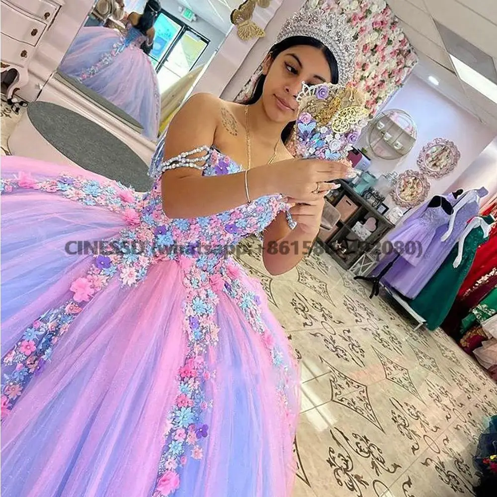 Kleurrijke Handgemaakte Bloemen Baljurk Quinceanera Jurken Off The Shoulder Sweet 16 Meisjes Prinses Vestidos De Quinceañera 15 Ñera