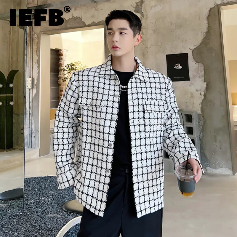 

IEFB Korean Style Men's Jackets Plaid Turn-down Collar Contrast Color Single Breasted Loose Male Coat Fashion 2024 Autumn 9C7939