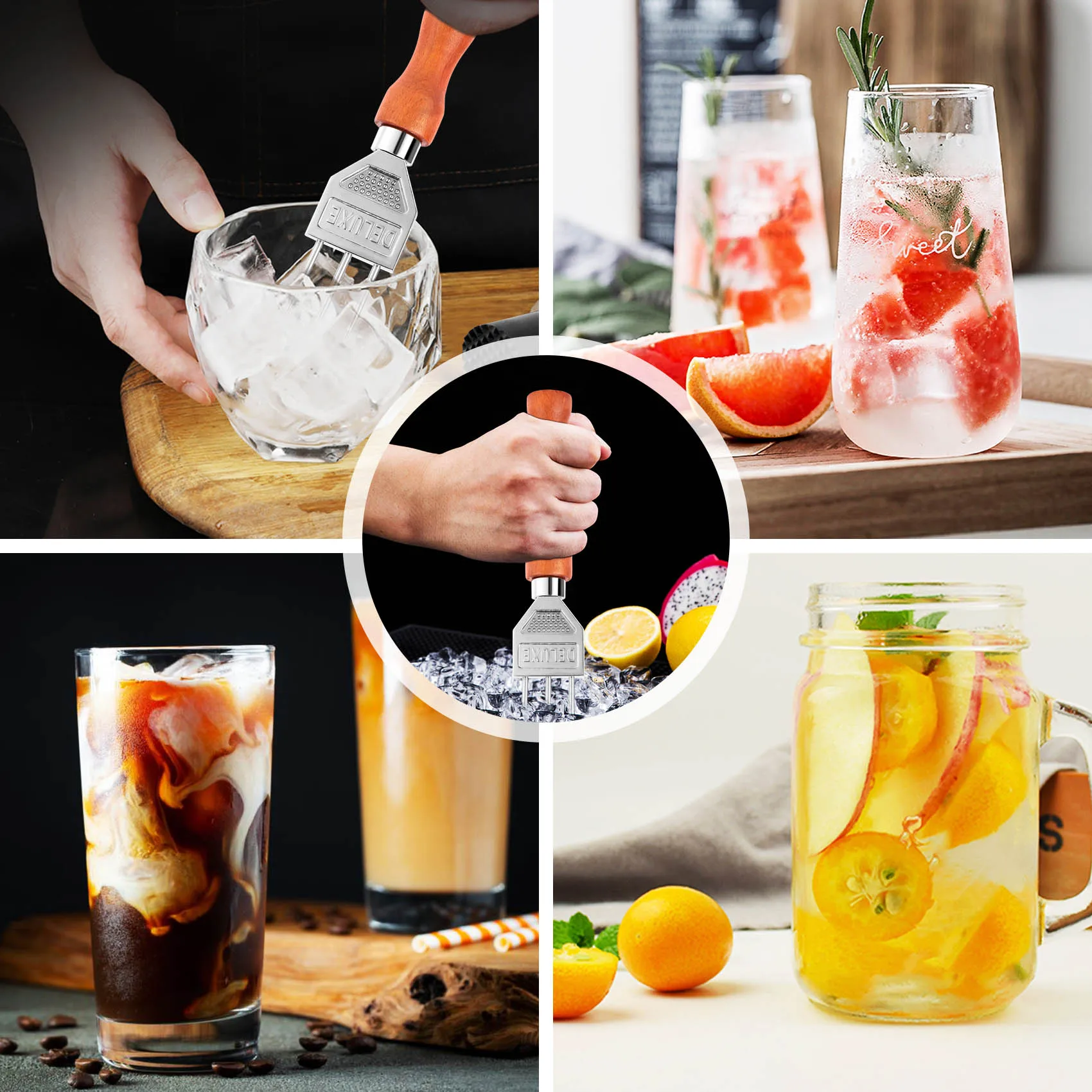 เครื่องบดน้ำแข็งที่ทนทานเครื่องด้ามไม้แข็งเครื่องบดน้ำแข็ง304สแตนเลสสามง่ามสำหรับค็อกเทลบาร์เทนเดอร์