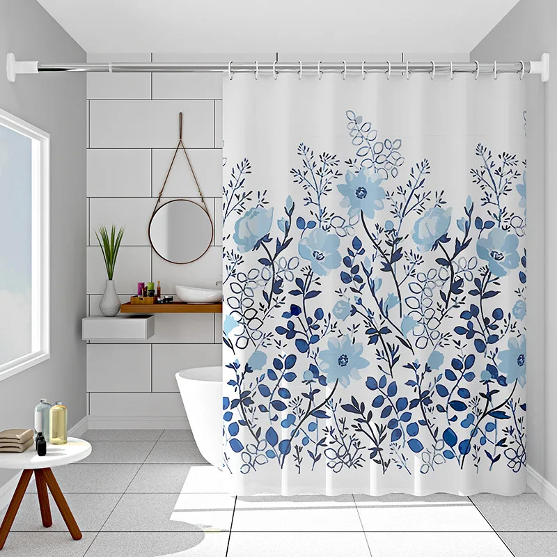 

Занавески для душа, синий цветочный принт, ткань Пева, водостойкая, сухая и влажная, разделенная занавеска для ванной комнаты, ретро, классический стиль, 200 см