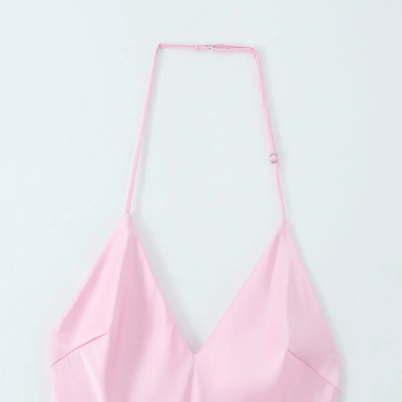 فستان ميدي بملمس حريري ساتان، تصميم أزياء نسائية صيفية جديدة لعام 2025، فستان بخصر مرتفع وقصة A، ياقة على شكل V بدون أكمام