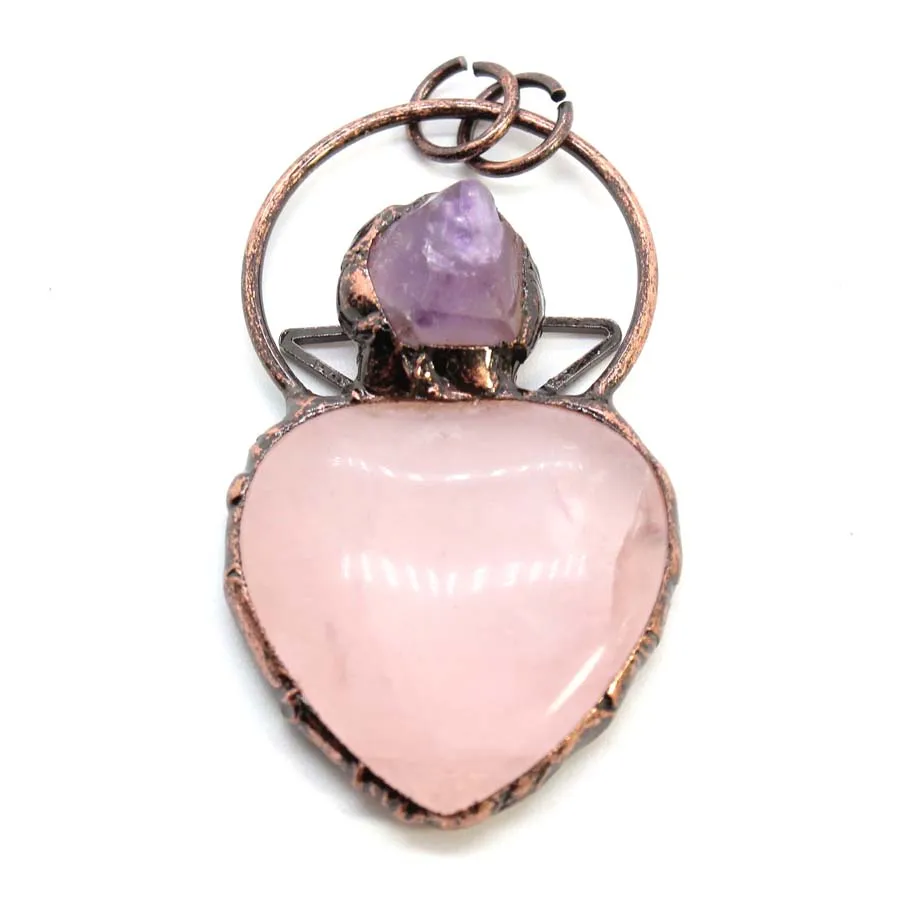 

Античные медные аметистовые подвески в форме сердца для женщин, натуральный розовый кварц, кристалл, драгоценный камень, винтажный кулон, ювелирные изделия для влюбленных
