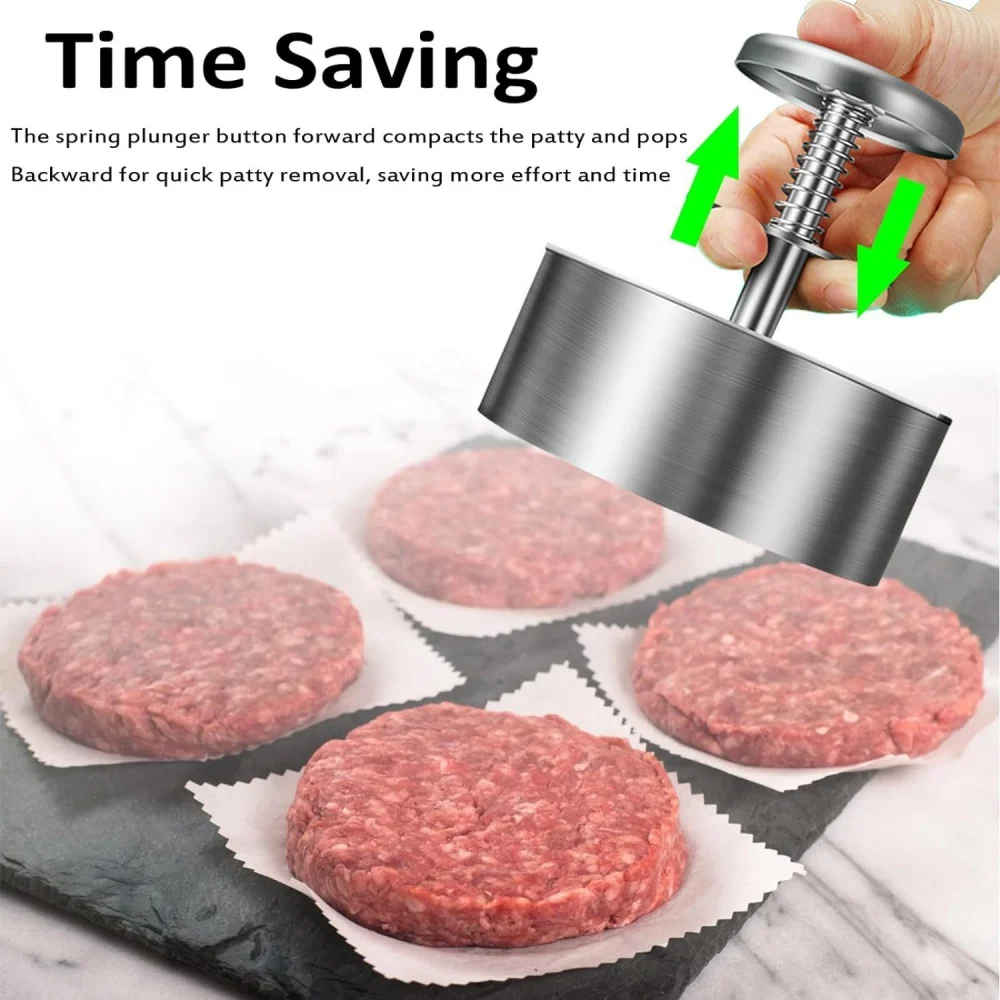 Hamburger Patty Maker Press 304 Stainless Steel Non-Stick Round Manual Rice Ball Mold Thickness Adjusted Kitchen Beef BBQ Tools