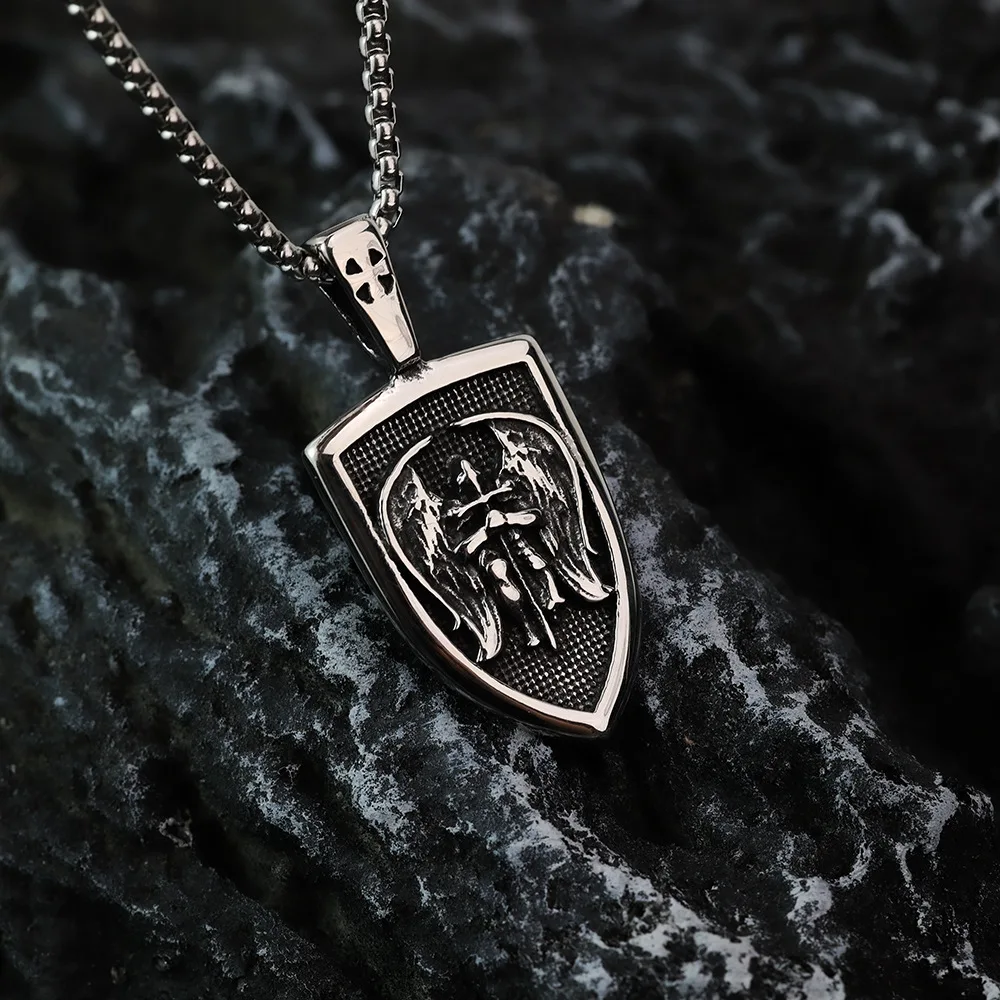 قلادة رئيس الملائكة الفولاذية 316L - قلادة سانت مايكل للرجال، مجوهرات تميمة كاثوليكية، إكسسوارات دينية هدية المعمودية العتيقة