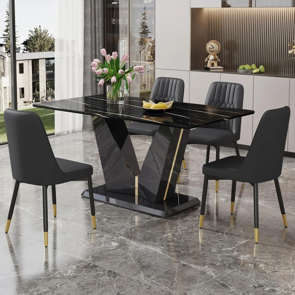 Marble Dining Table Set,Modern Dinings TablewithMDF Base Dinings Room Table and 4 Upholstered Metal Leg Chairs,Dining Room Sets