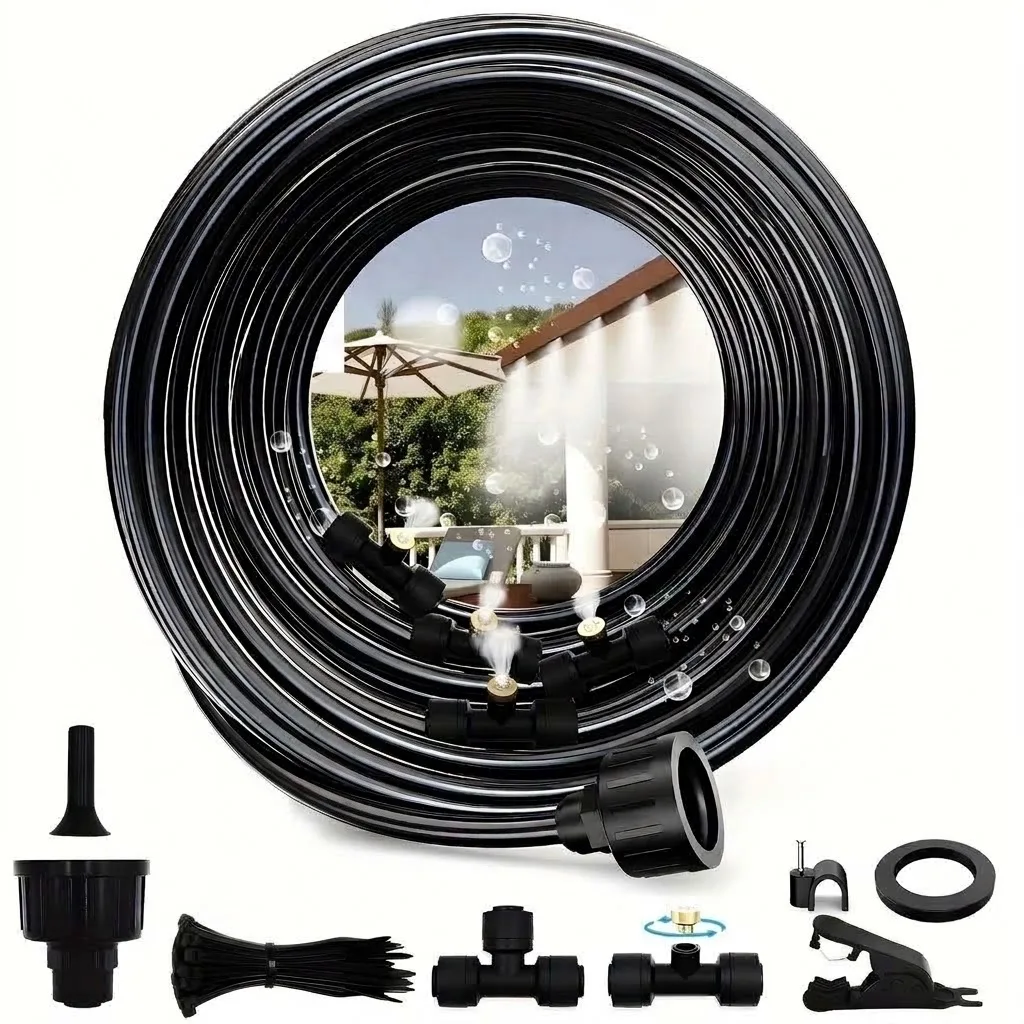 High Pressure 100FT Misting Cooling System Includes 30 Brass Mister Heads 2 PE Antioxidant Adapters 2 Tee Fittings And 2 Elbow