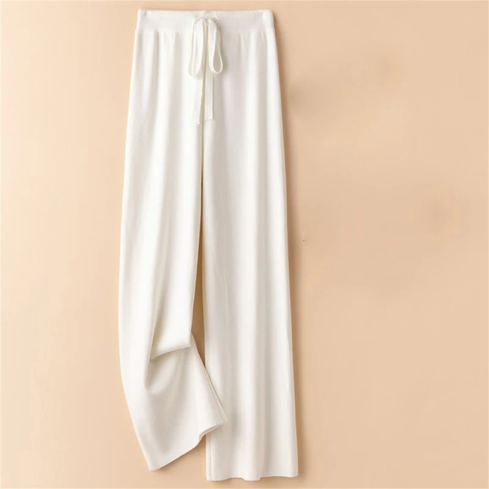 Women's Wool Knitted Wide-leg Straight Pants Autumn Winter Outer Wear Elastic High-waist Mopping Draped Loose All-match Trousers