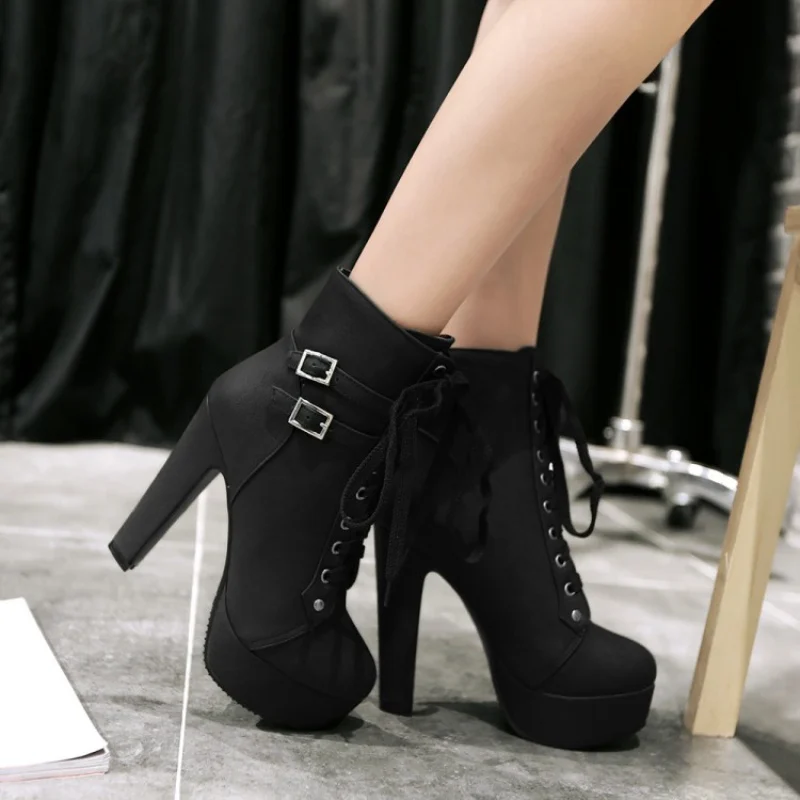 Fashion Brown Women’s Ankle Boots Platform High Heels Motorcycle Boot Sexy Buckle Lace-up Ladies Party Shoes Large Size 45 48