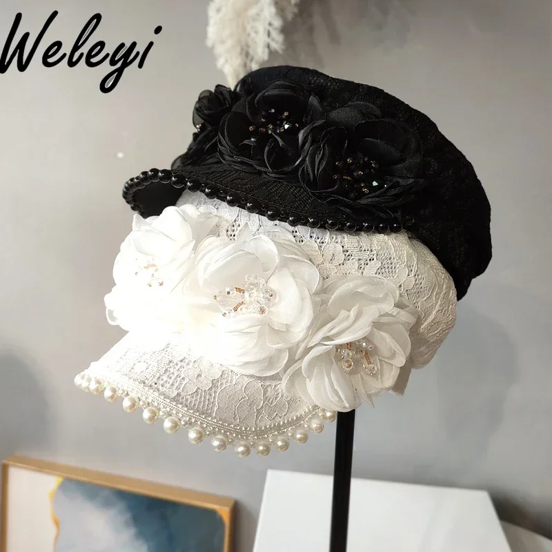 

Summer Sweet Lace Flat Top Beret Women's Hollowed Out Hat British Vintage Handmade Flowers Hat Breathable Flat Top Duckbill Hats