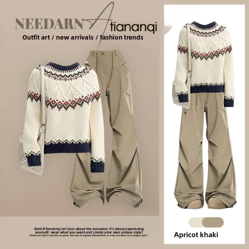 

Весенний комплект 2026: винтажный вязаный свитер с узором Fair Isle и широкие брюки-палаццо, женская мода