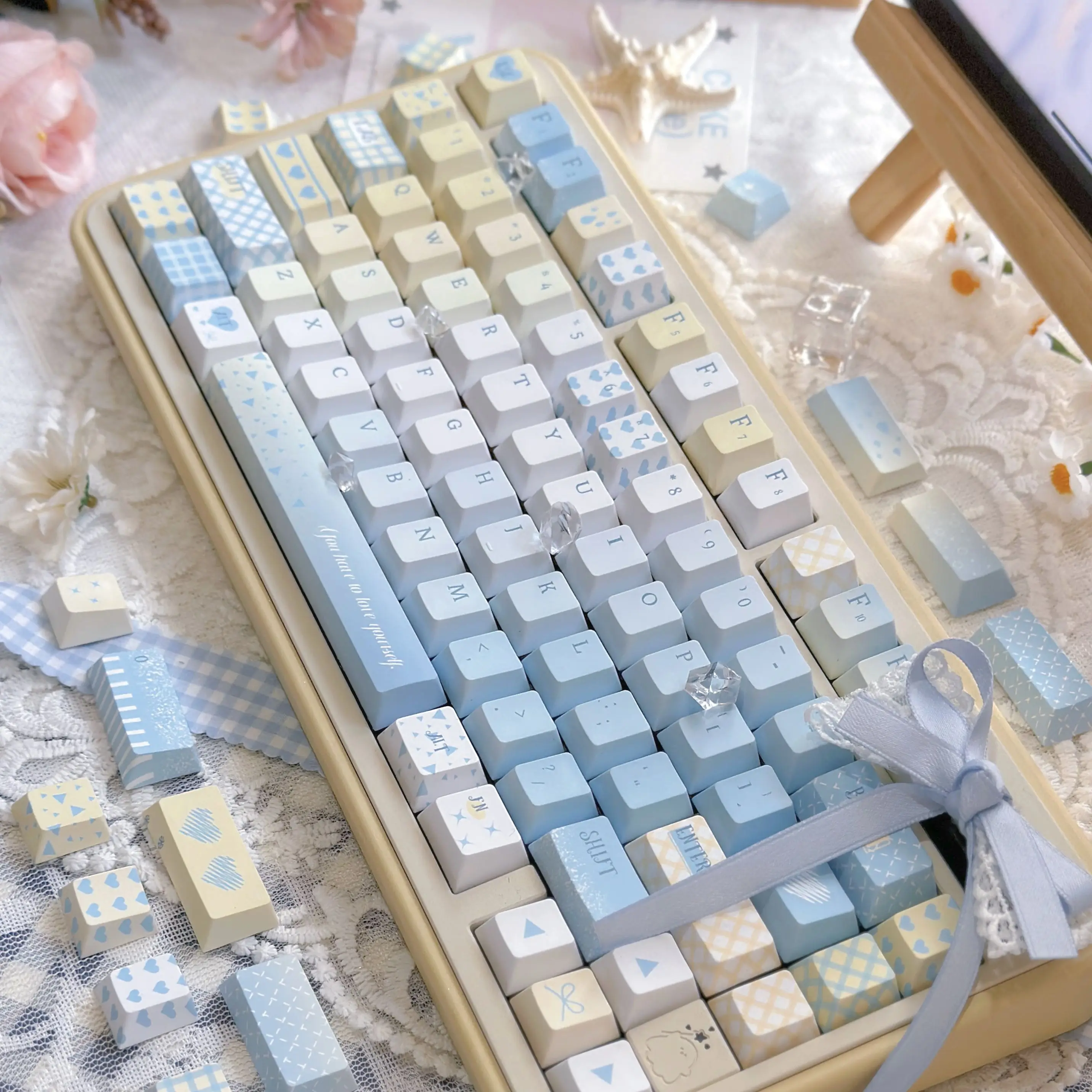 Seven-point blue keycap PBT material five-sided hot sublimation new original factory-adapted mechanical keyboard small fresh key