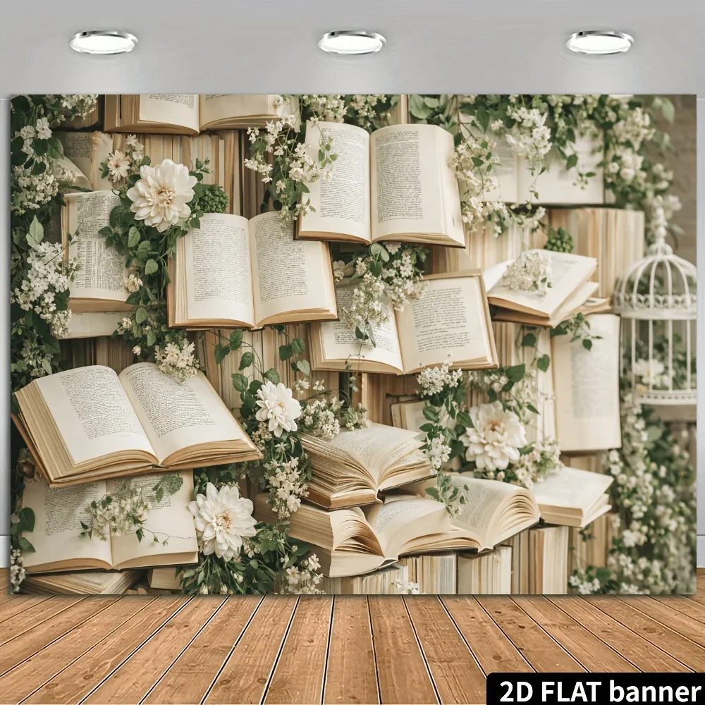 2D-Flachbild mit Retro-Buchumschlag und Blumenhintergrund - Schwebendes Buch mit grünem Pflanzen- und Blumenmotiv
