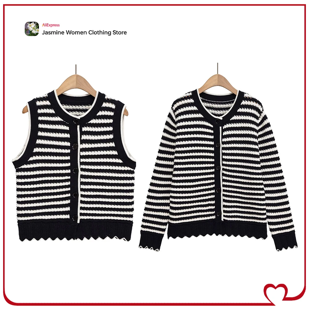

Aesthetic Women's Round Neck Striped Sleeveless Knit Vest Top and Elegant Comfy O-Neck Long Sleeve Ruffled Striped Knit Cardigan