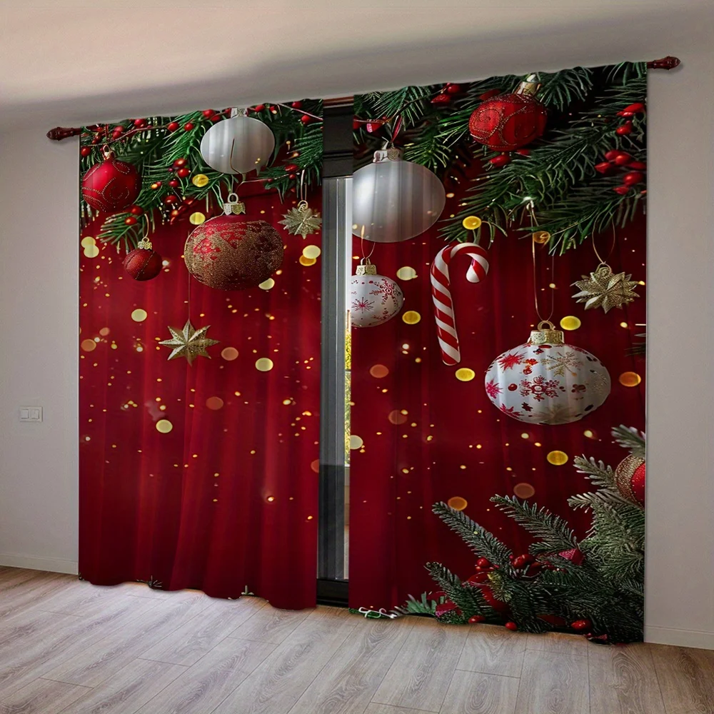 2pcs Set Red Christmas Curtains with Green Leaf, Soft Polyester, Rod Pocket Design for Living Room, Bedroom, Kitchen, And Office