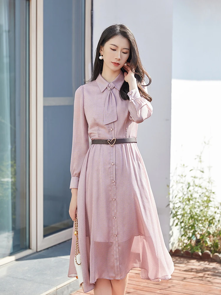 

Элегантное платье миди с принтом и поясом для женщин, новая весенняя модель, повседневное городское платье А-силуэта, длинная юбка из полиэстера