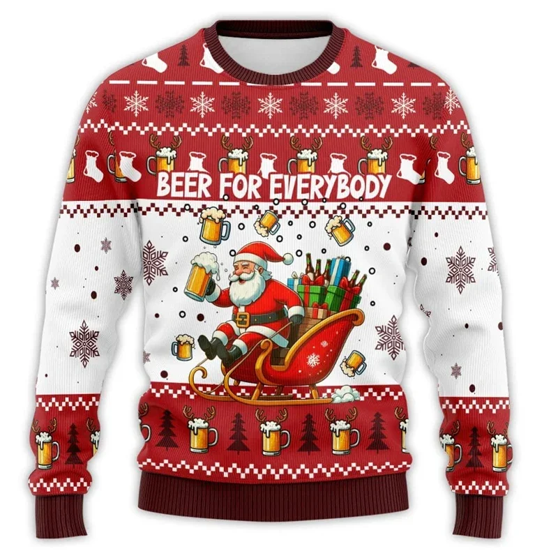 

2024-2025 Beer Graphic Sweatshirts Santa Claus Bar Party 3D Printed Ugly Christmas Sweater Unisex Pullovers Streetwear Boy Tops
