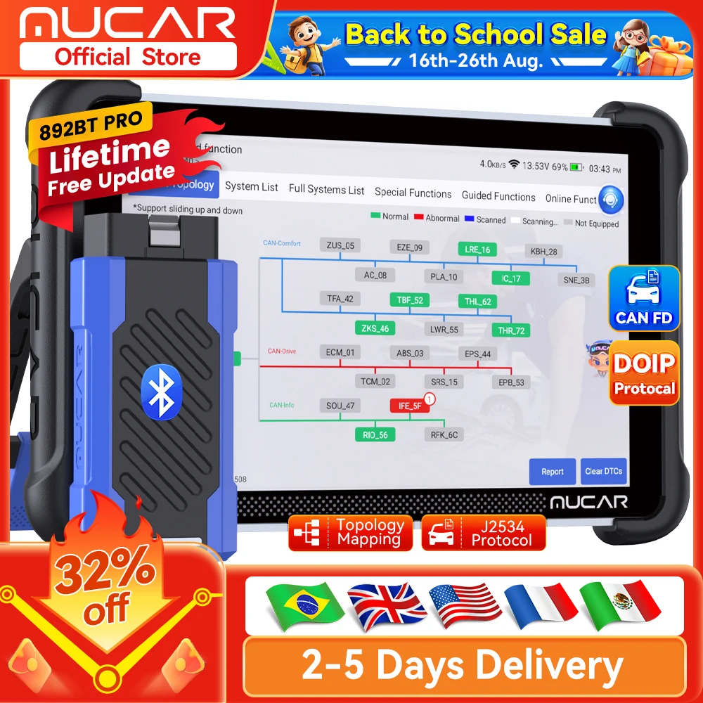 Atualização Gratuita MUCAR 892BT Pro Scanner OBD2 J2534 CAN FD/DoIP Diagnóstico de Todos os Sistemas Ferramenta de Escaneamento Bidirecional Mapa de Topologia 35 Funções de Redefinição