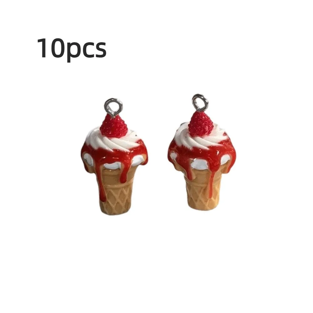 10 piezas de dijes de helado simulado lindos, colgantes de comida en miniatura de resina 3D, dijes de mermelada de fresa para pendientes y pulseras, para la fabricación de joyas