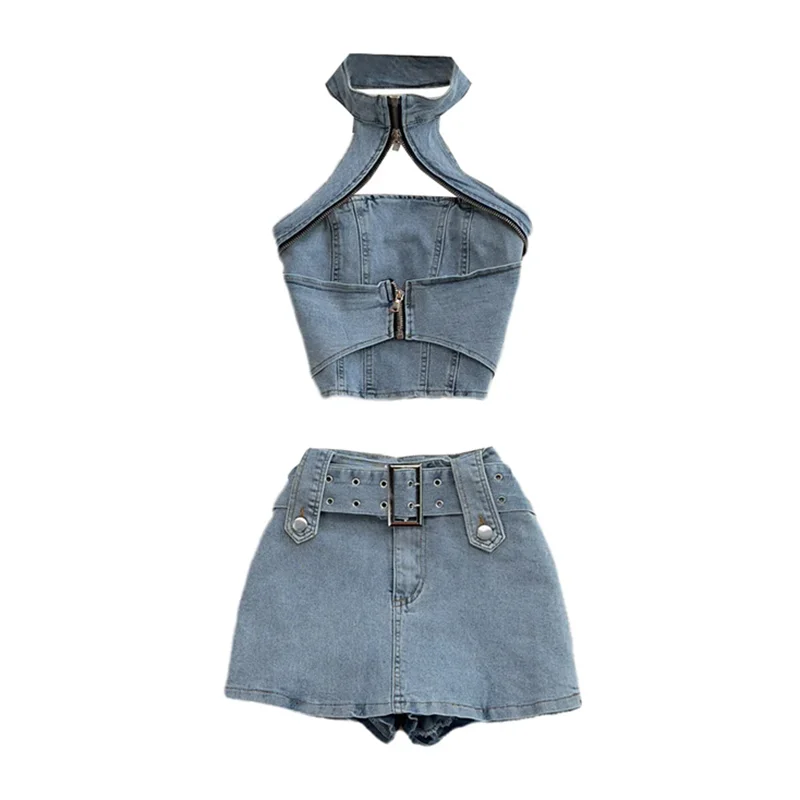 DEAT Women Halter Backless Sexy Denim Top Hig Waist Shorts New Two Piece Set Temperament Fashion Spring Summer 2024 11D10231