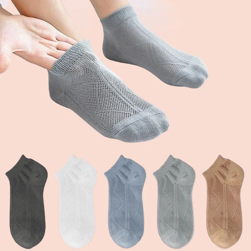 Chaussettes respirantes à bouche peu profonde pour hommes, chaussettes décontractées fines, maille assortie, confortables, document solide, courtes, été, nouveau, 5/10, 2024 paires