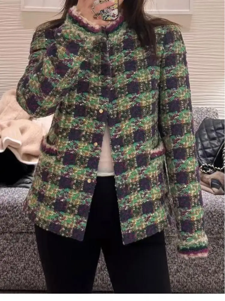 2025 Winter New Arrival – French-Style Ladylike Checkered Tweed Coat, Elegant & Versatile, Round Nec