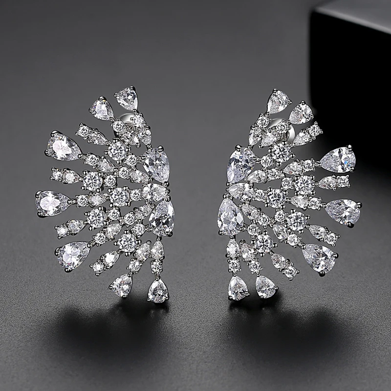 LUOTEEMI Korean Fashion Big Flower Cubic Zirconia Stud Earring for Women Unusual Pink Stones Jewelry for Bridal Wedding Luxury