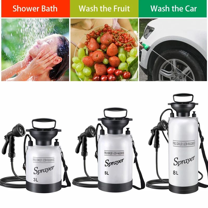 Pistola de água para lavagem de carro, 3/5/8l, bomba de chuveiro manual multiuso para acampamento, praia, equipamento portátil de rega de flores para jardim ao ar livre