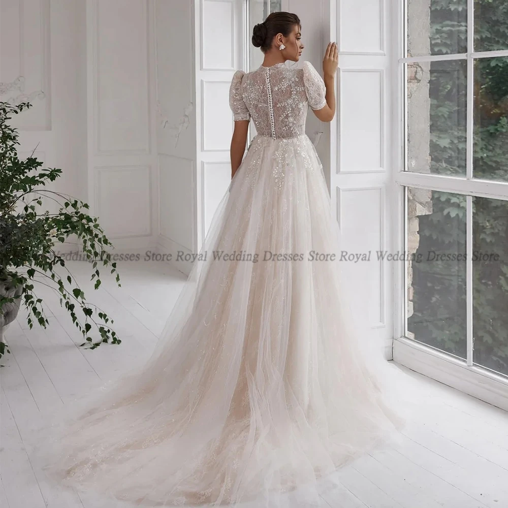 RANMO High Quality A Line Wedding Dresses Paillette Tulle Embroidery Applique Open Back Lace 2022 Floor Length Gowns Robe De Ma