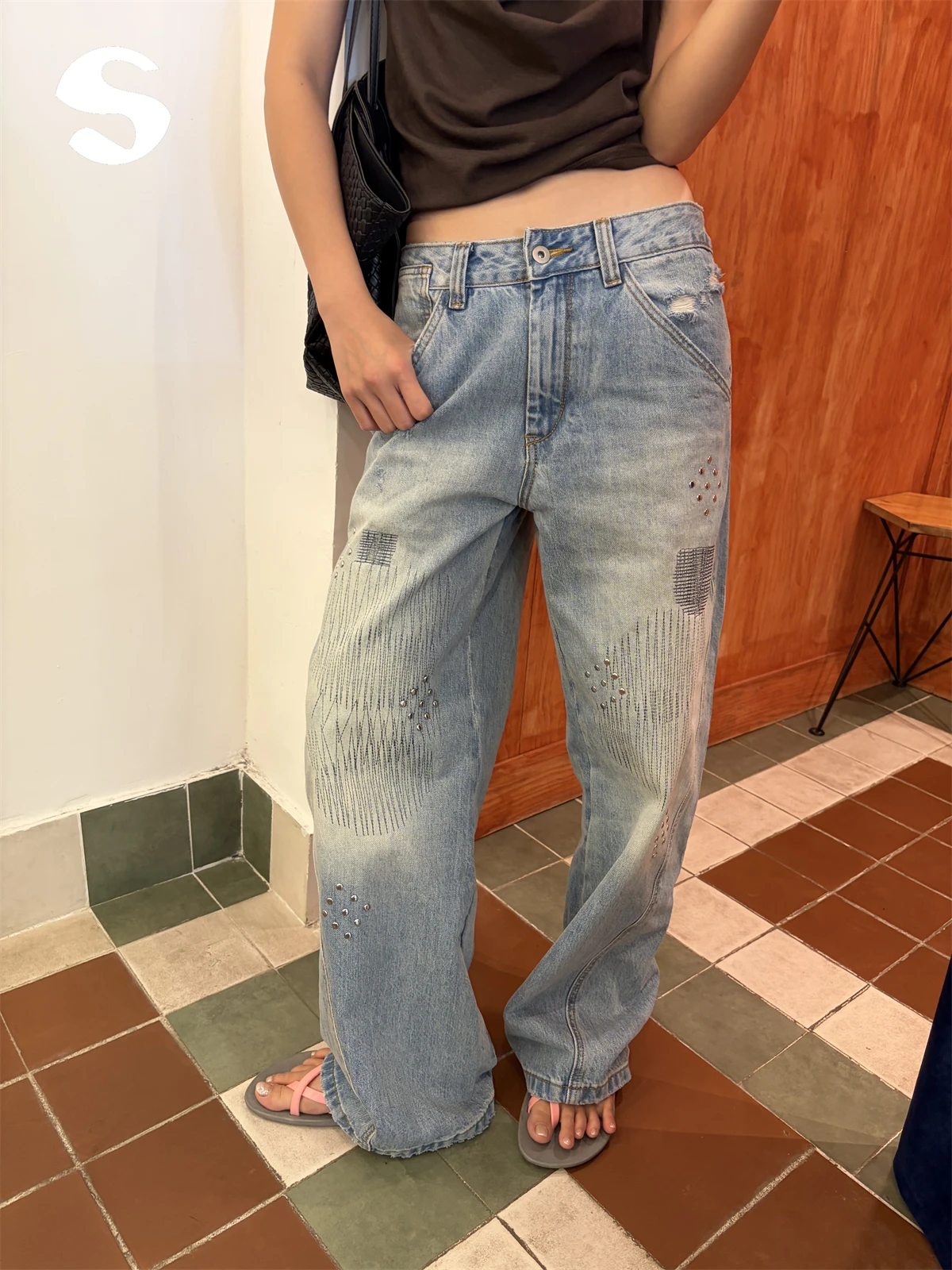 

Retro Distressed Sequin Stitched Wide Leg Casual Jeans Loose Straight Loose Legged Long Pants for Young Women in Their 20s