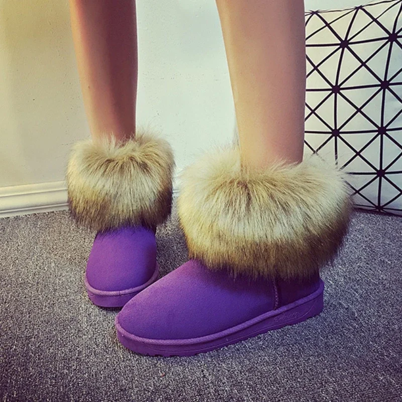 Furry Women Shoes 2023 Retro Round Toe Women's Boots Winter Plush Warm Purple Short Boots Lightweight Non-slip Ladies Snow Boots