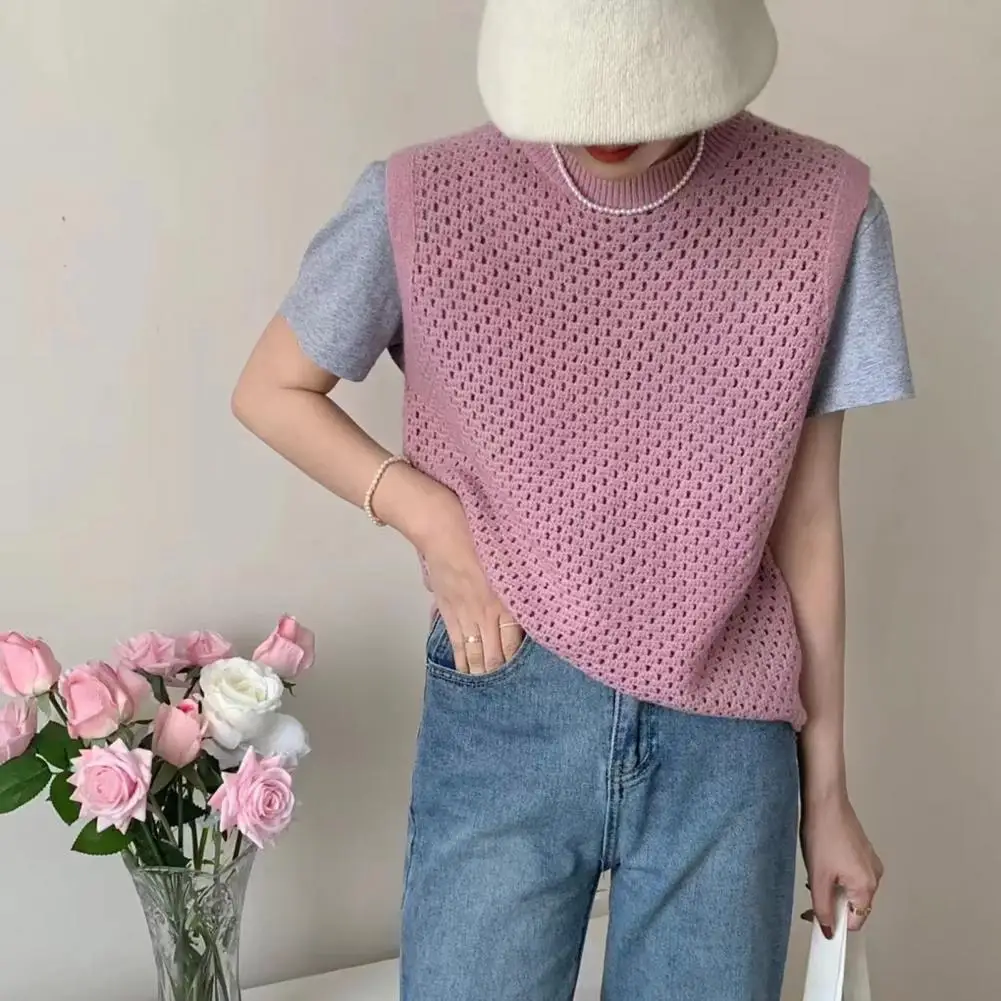 Women Vest Elegant Japanese Style Knitwear Tank Top for Women Hollow Knitted Vest with O Neck Loose Fit Solid Color Summer