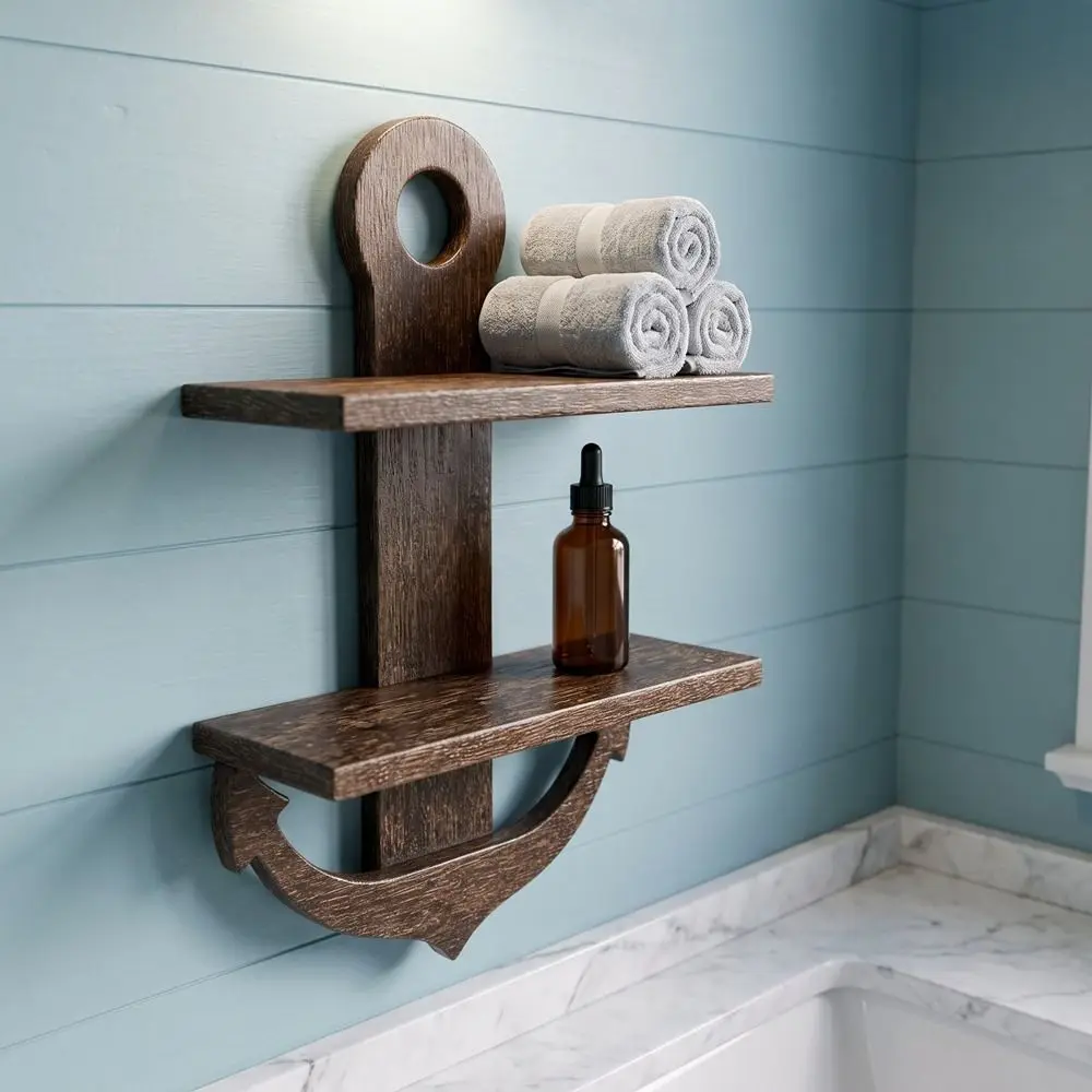 Wooden Anchor Design Wall Shelf Nautical Style Double-Layer Floating Shelves Retro Modern Wall Mounted Shelf Home Decor