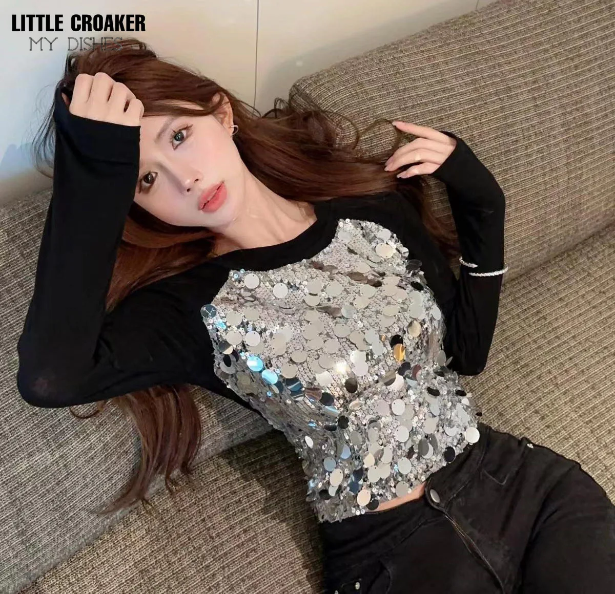 Cute Korean Style Women Clothing Glossy Sequin T-Shirts Women's Top Long Sleeve Glitter Streetwear Y2k Party Club T Shirt