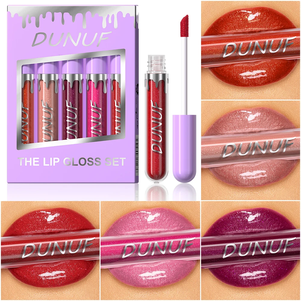 DUNUF 5pcs Long-lasting Luster Lip Gloss Set Waterproof Lipstick Non-Fading Non-Stick Cup Beginner Friendly  Beautifully Wrapped