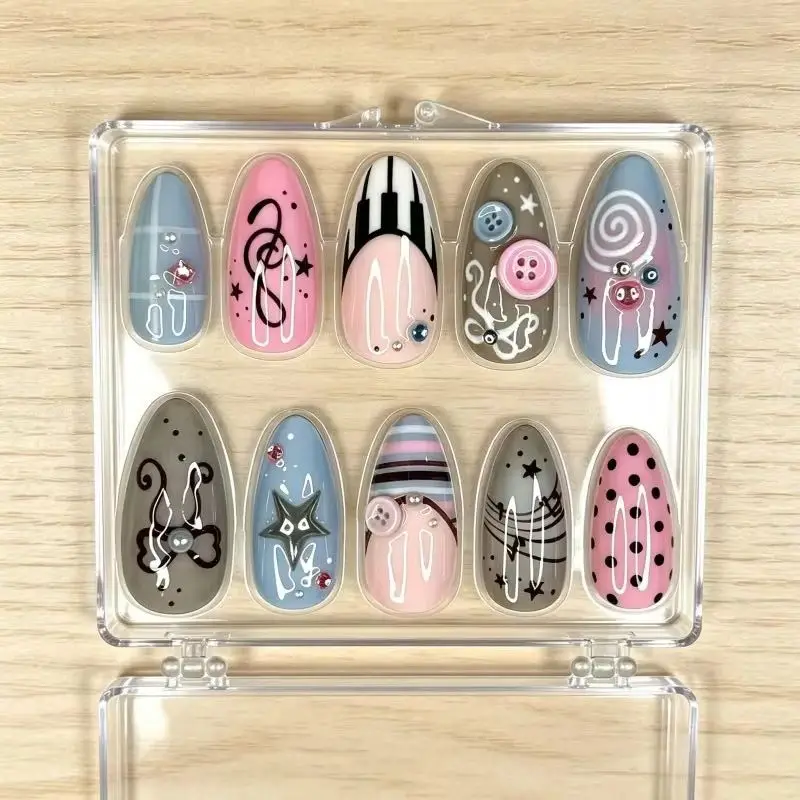 24PCS Y2K Style Press on Nails Music Theme Colorful Piano Key Treble Clef Star Bow Polka Dot Print with Button Rhinestone Nails