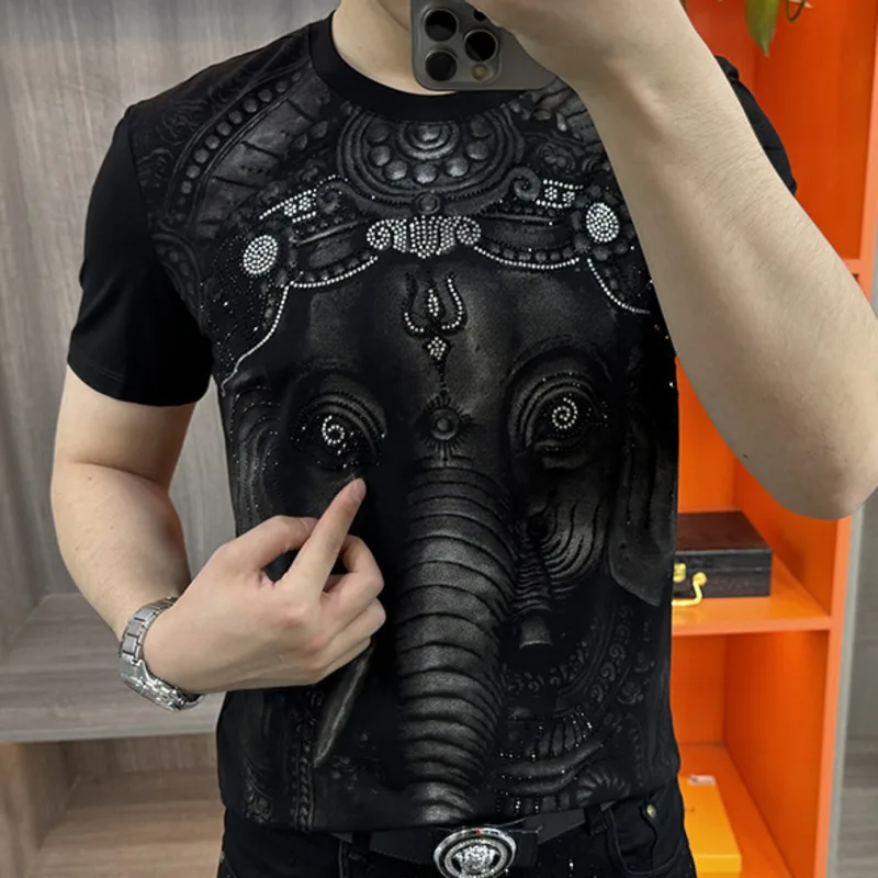 European Luxury Short Sleeved T-shirt Elephant Print Men's Summer Round Neck Short Sleeve T-shirt Hot Diamond Versatile Slim