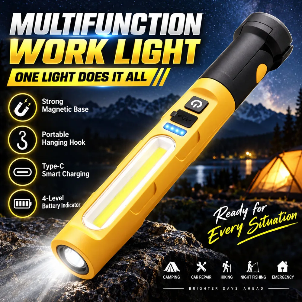 Rechargeable LED Work Light with Magnetic Base and Portable Hook Type-C Smart Charging 4-Grade Power Indicator High-Capacity