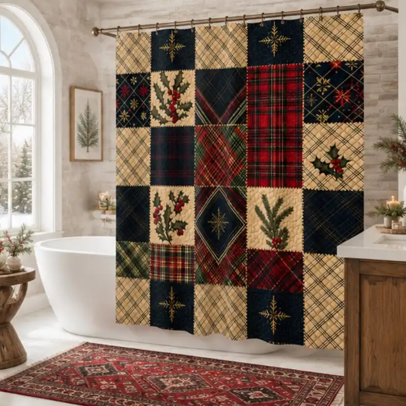 New in 2026 Patchwork Christmas Shower Curtain, Tartan Plaid Holiday Bathroom Decor, Quilt Inspired Bath Curtain
