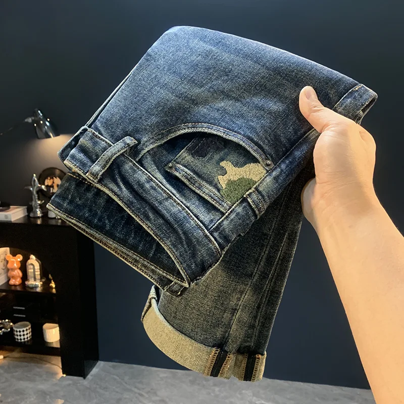 

Осень 2024, новые синие модные джинсы в стиле ретро, мужские универсальные уличные модные повседневные эластичные брюки на маленьких ножках