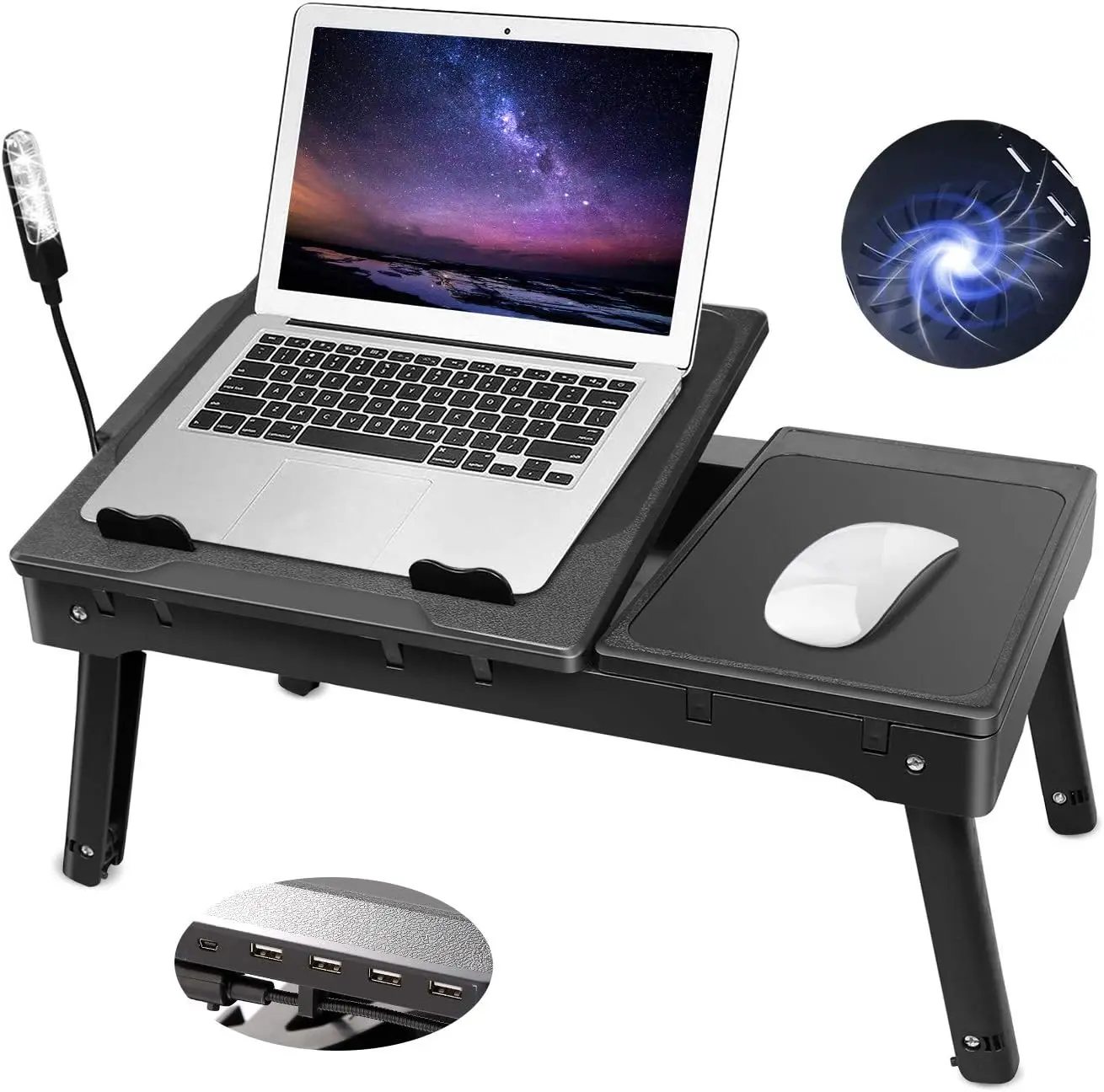 

Adjustable Laptop Stand with Cooling Fan, USB Hub, LED Light & Storage - Foldable Desk for Bed, Sofa, Home Office
