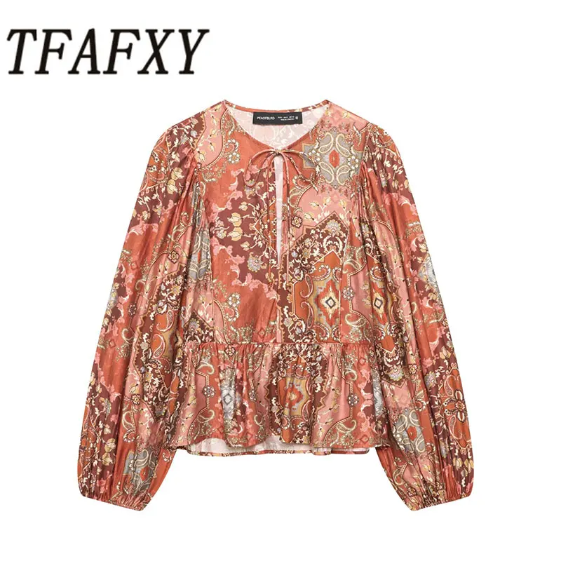 

TFAFXY 2026 Spring Thin Women Casual Printing Blouse Long Sleeve Bow Lace Up Hollow Out Loose Shirt Female Office Top Y2K