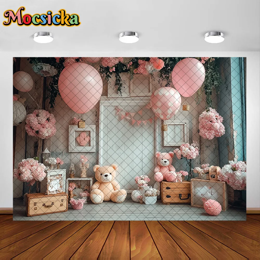 Mocsicka Fotografie Hintergrund Rosa Ballon Zimmer Plüsch Spielzeug Bär Dekoration Hintergrund Baby Dusche Neugeborenen 1. Geburtstag Party Prom