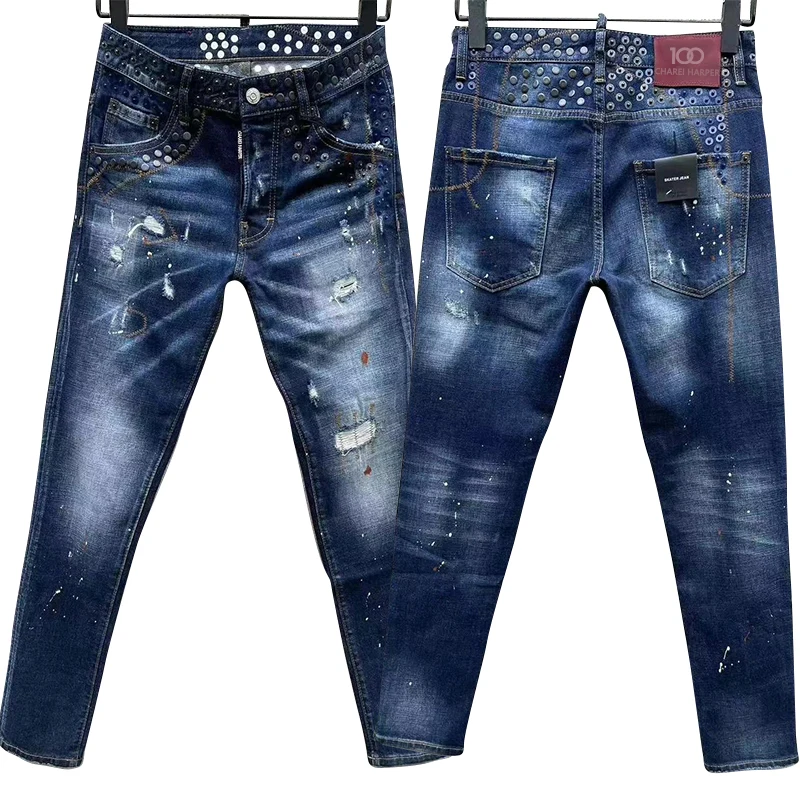 100 charareiharper c060-1 Men's jeans Fabric stretch ripped paint splash vintage men's pants jeans