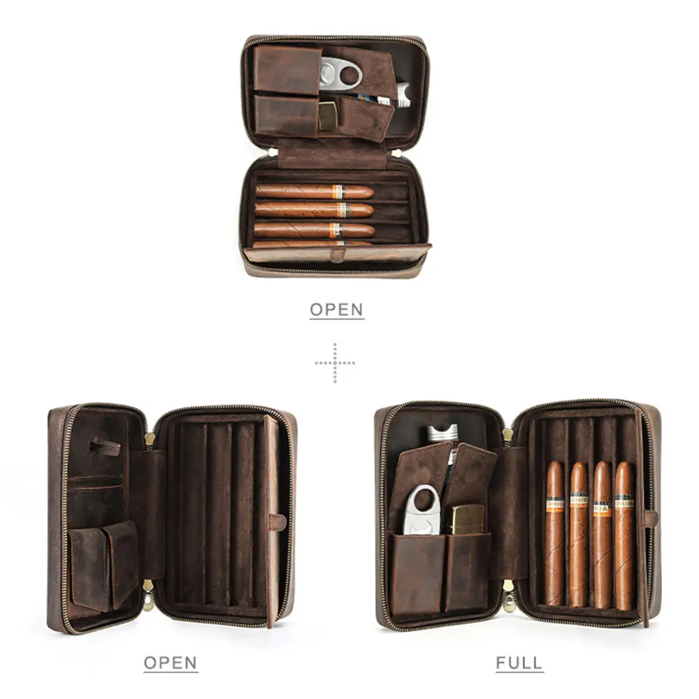 Genuine Leather Cigar Travel Case Holder With Portable Lighter Cutter Pocket Humidor Cigar Accessories Gift Set