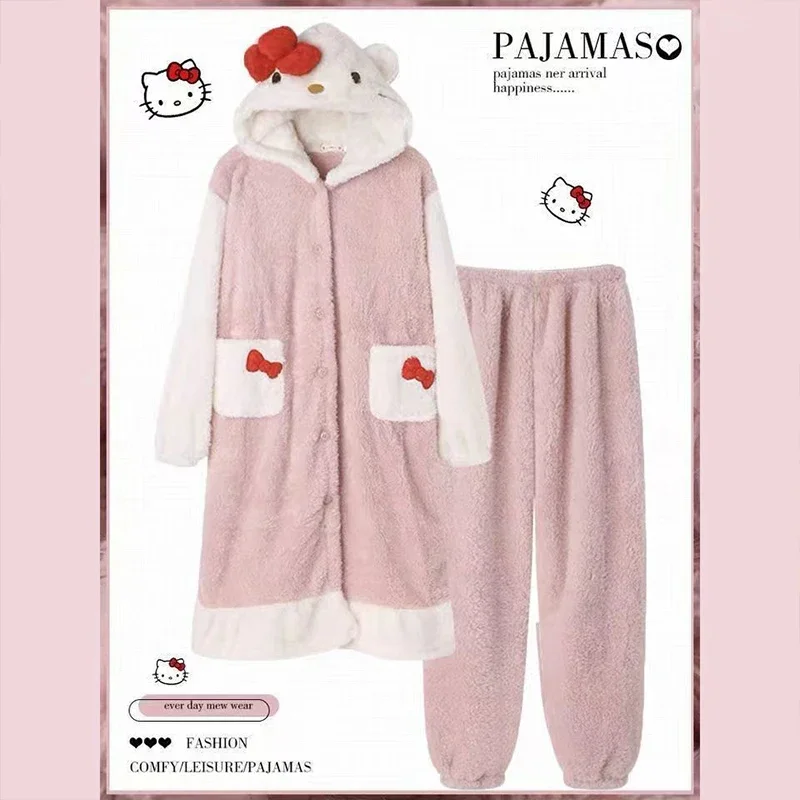 Anime Hello Kitty 2Pcs Plush Pajamas Night-Robe Suit Sanrioed Kawaii Kuromi Homewear Winter Long Style Thickened Nightgown Pants